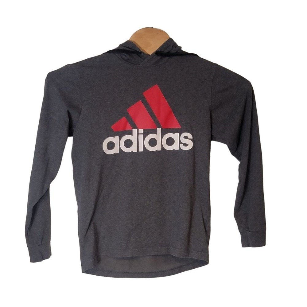 Adidas Pull Over Hooded Shirt Size Men's Small Gray‎ Graphic Logo Long Sleeves